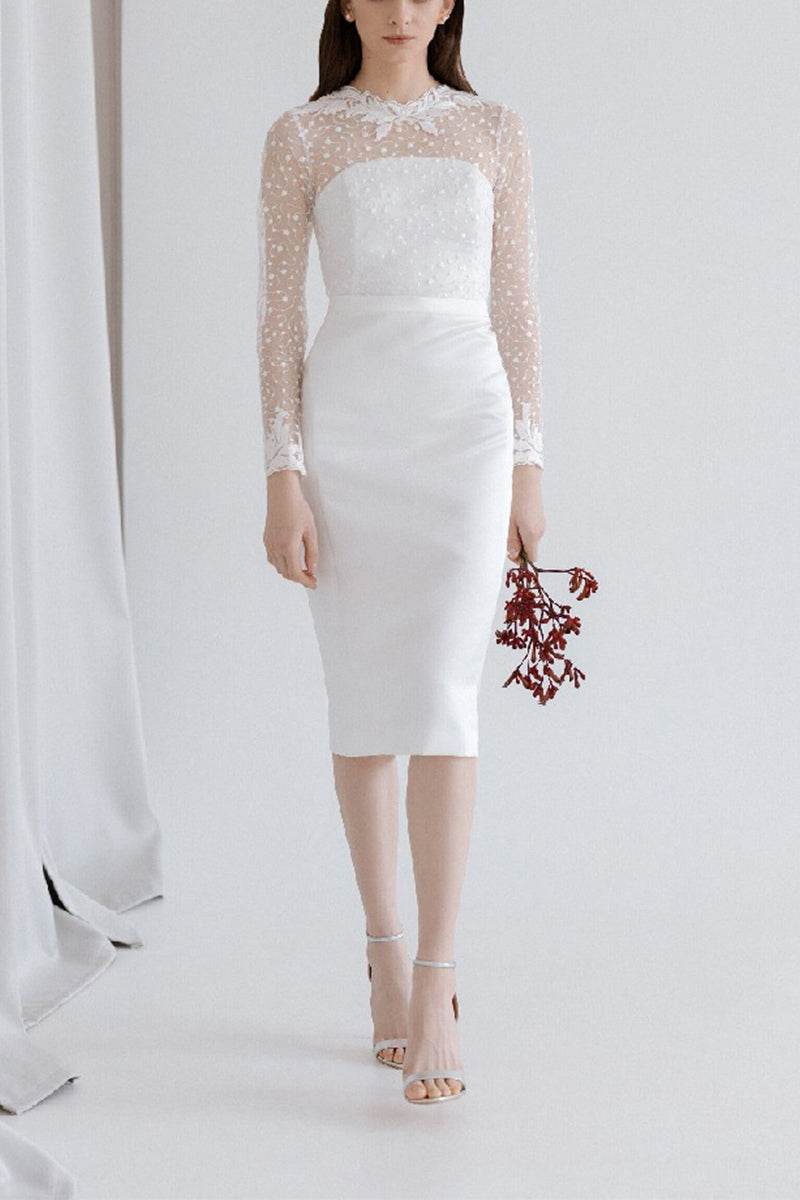 Sheath-Column Tea Length Lace Satin Little White Dress 100002