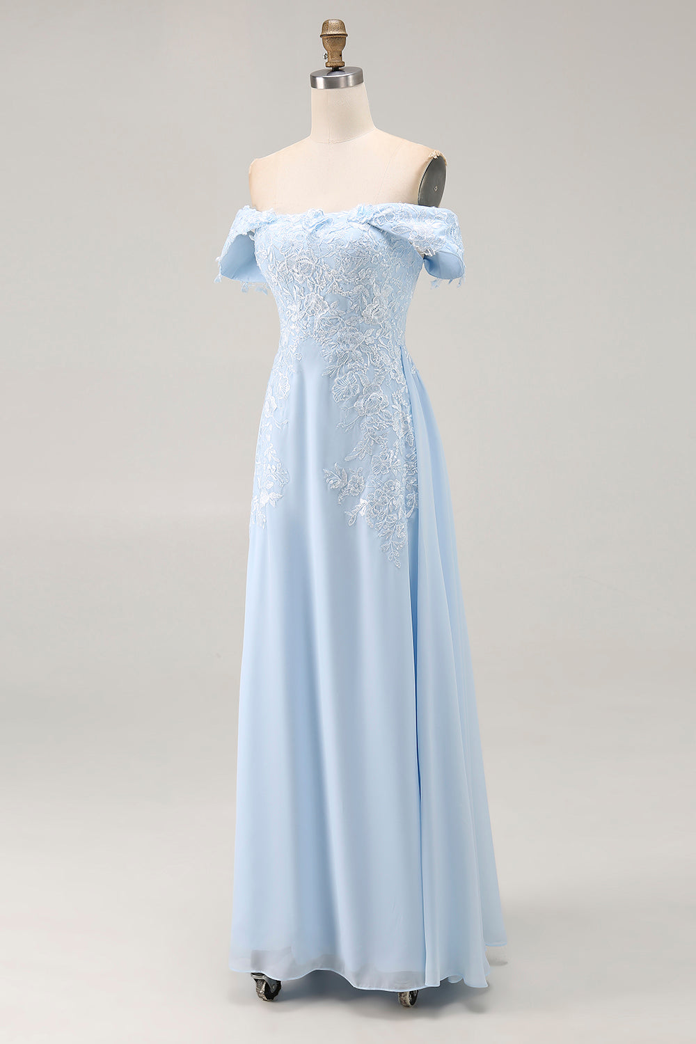 Sky Blue Chiffon Appliqued Sheath Long Mother of the Bride Dress