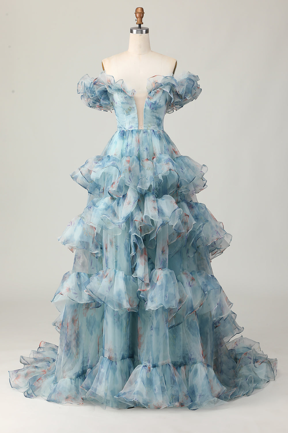 Floral Blue Off the Shoulder A Line Long Prom Dress with Ruffled