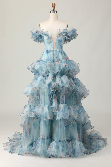 Floral Blue Off the Shoulder A Line Long Prom Dress with Ruffled