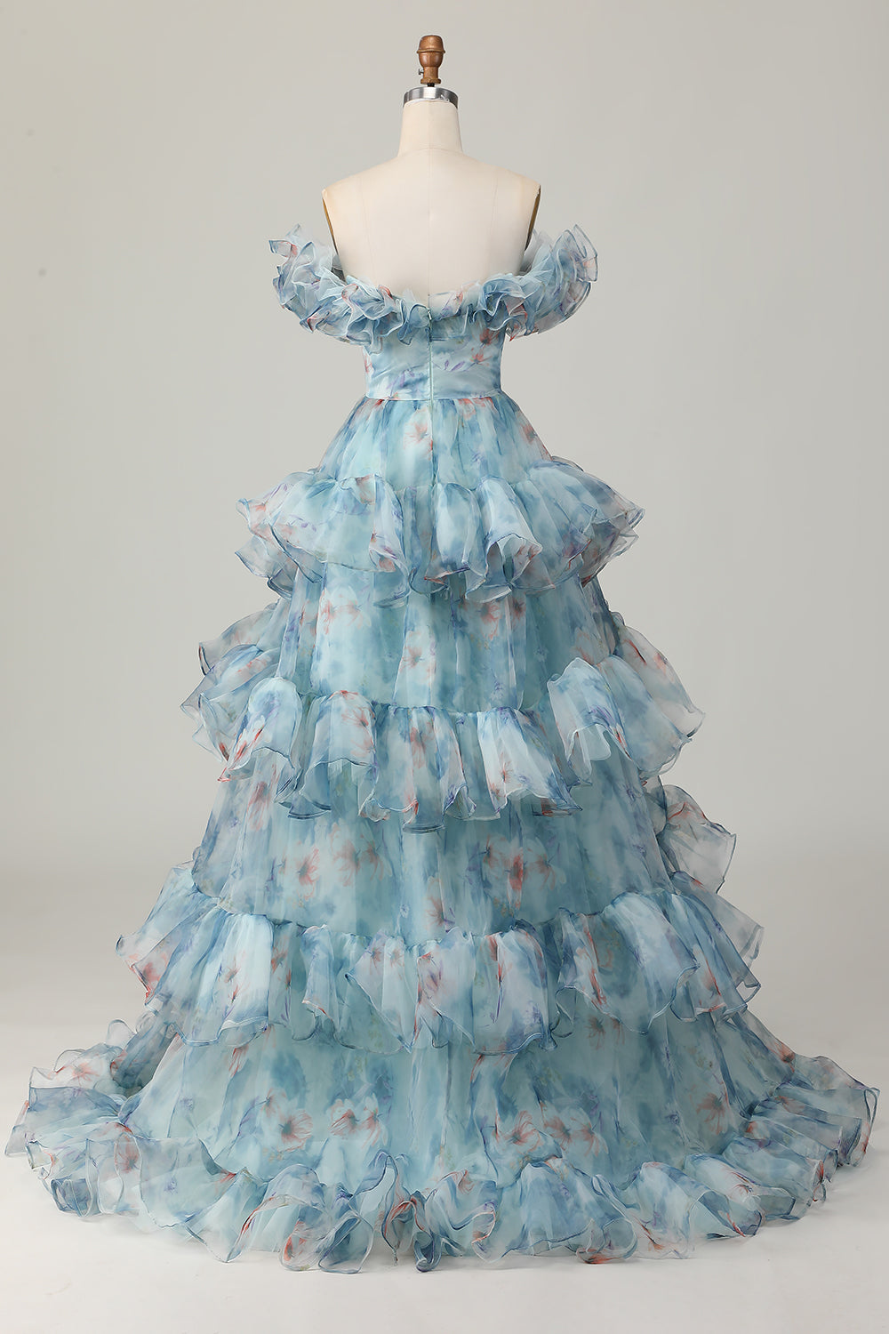 Floral Blue Off the Shoulder A Line Long Prom Dress with Ruffled