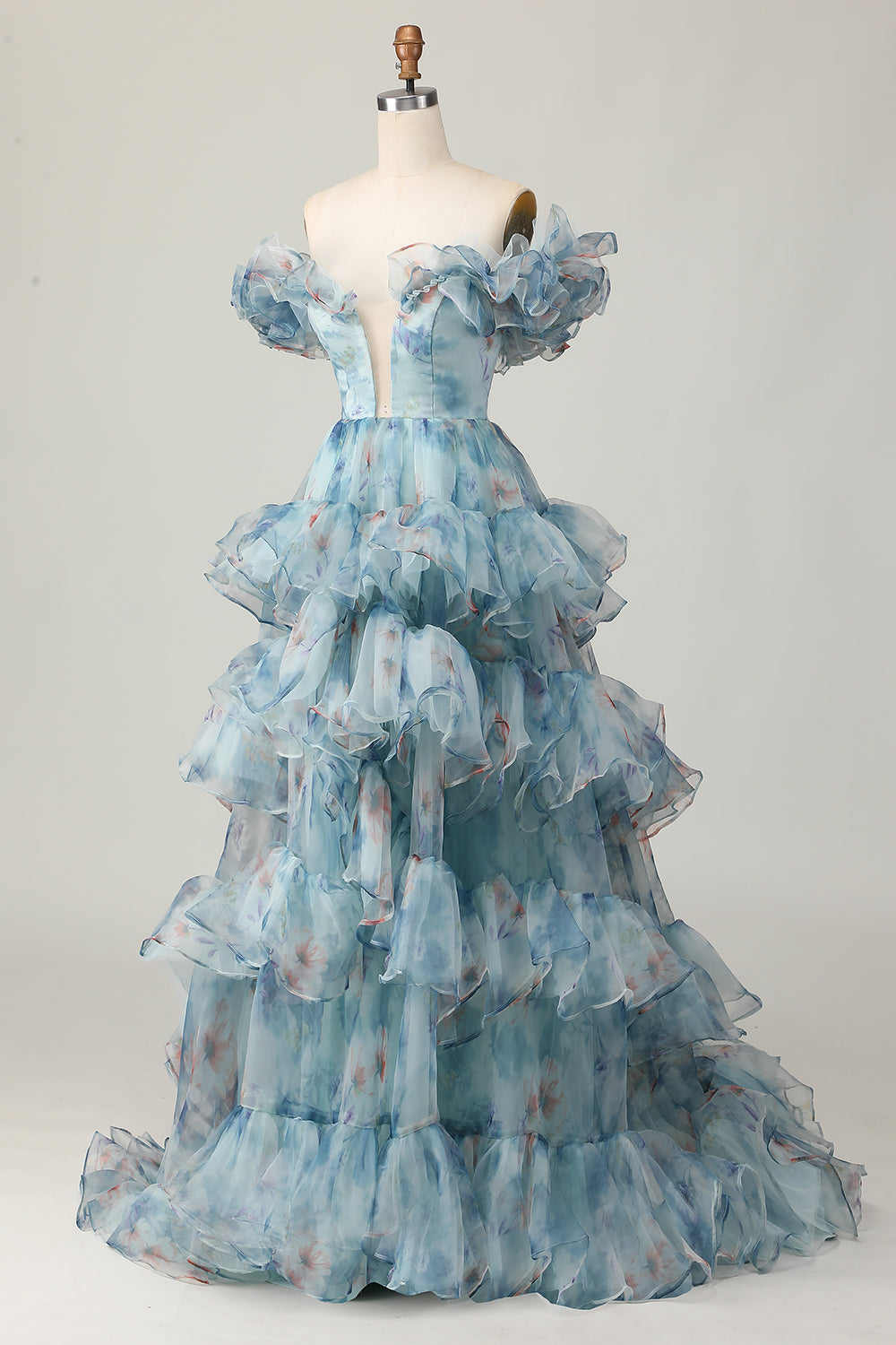 Floral Blue Off the Shoulder A Line Long Prom Dress with Ruffled