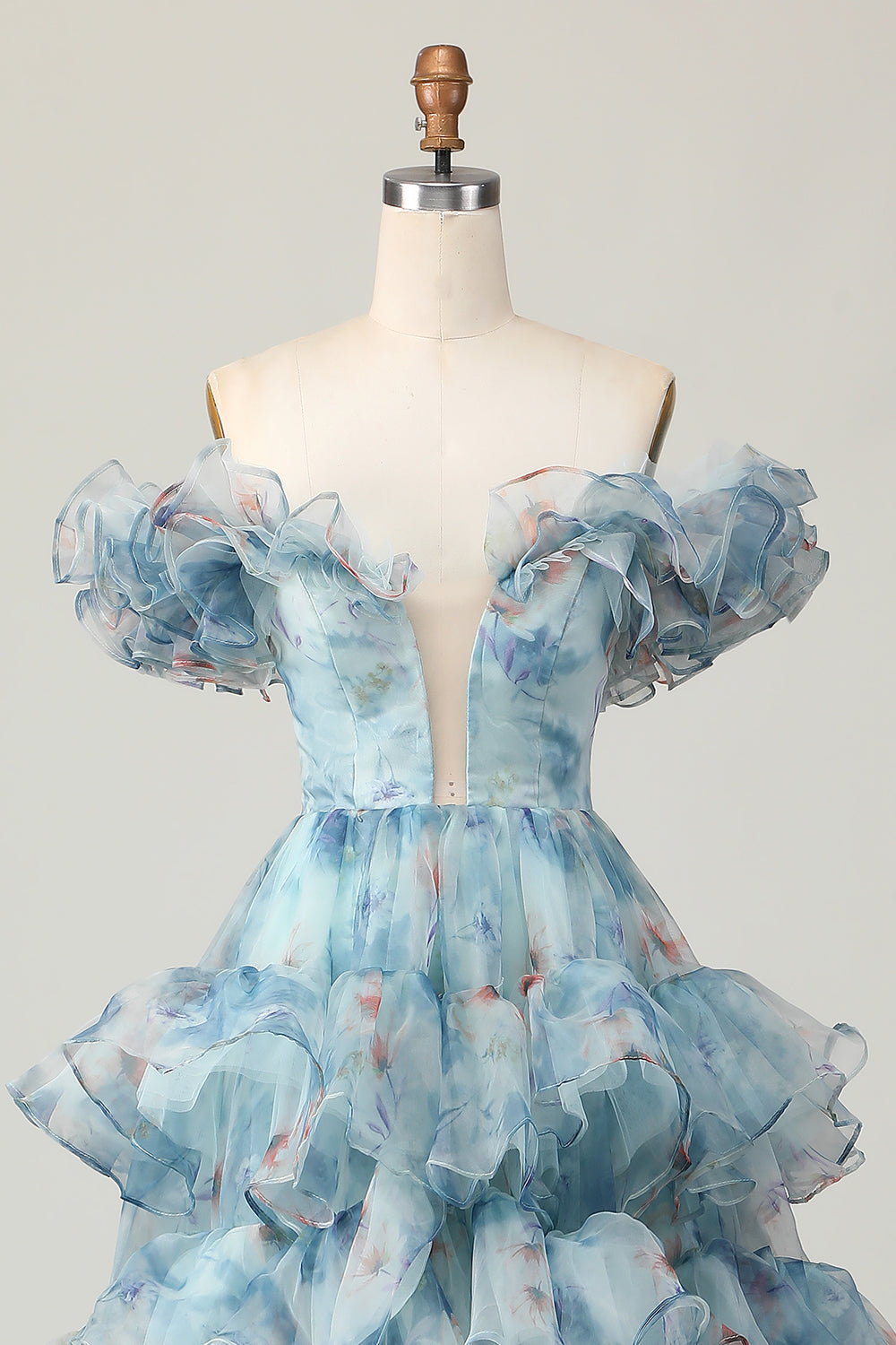 Floral Blue Off the Shoulder A Line Long Prom Dress with Ruffled