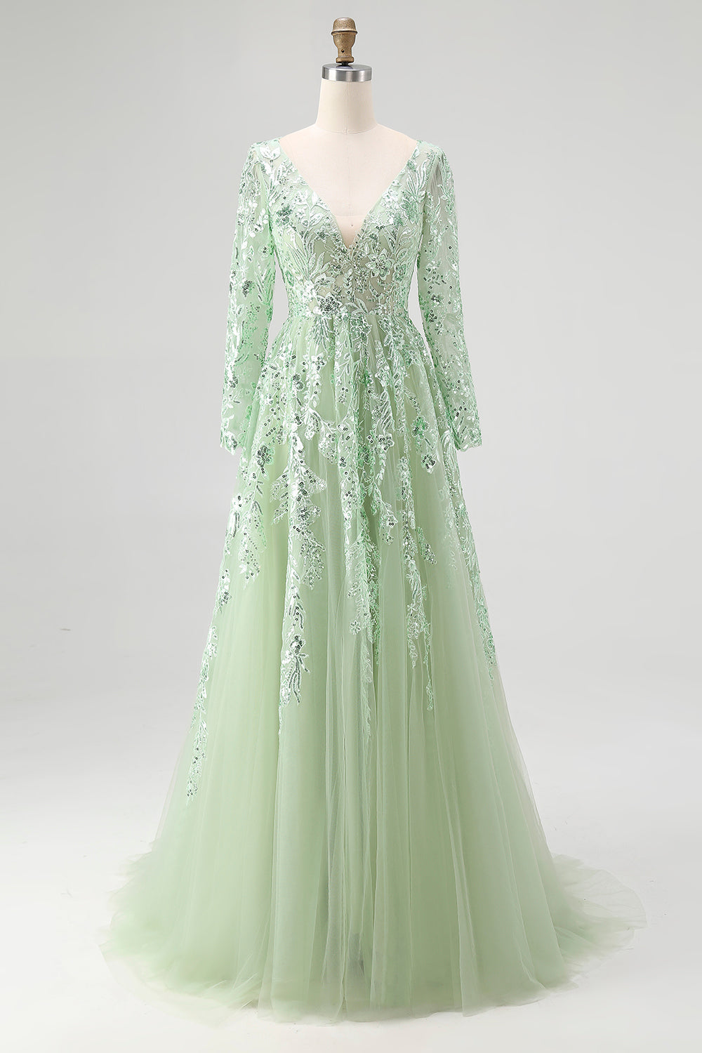 Dusty Sage Applique Tulle A Line V Neck Long Prom Dress with Sleeves