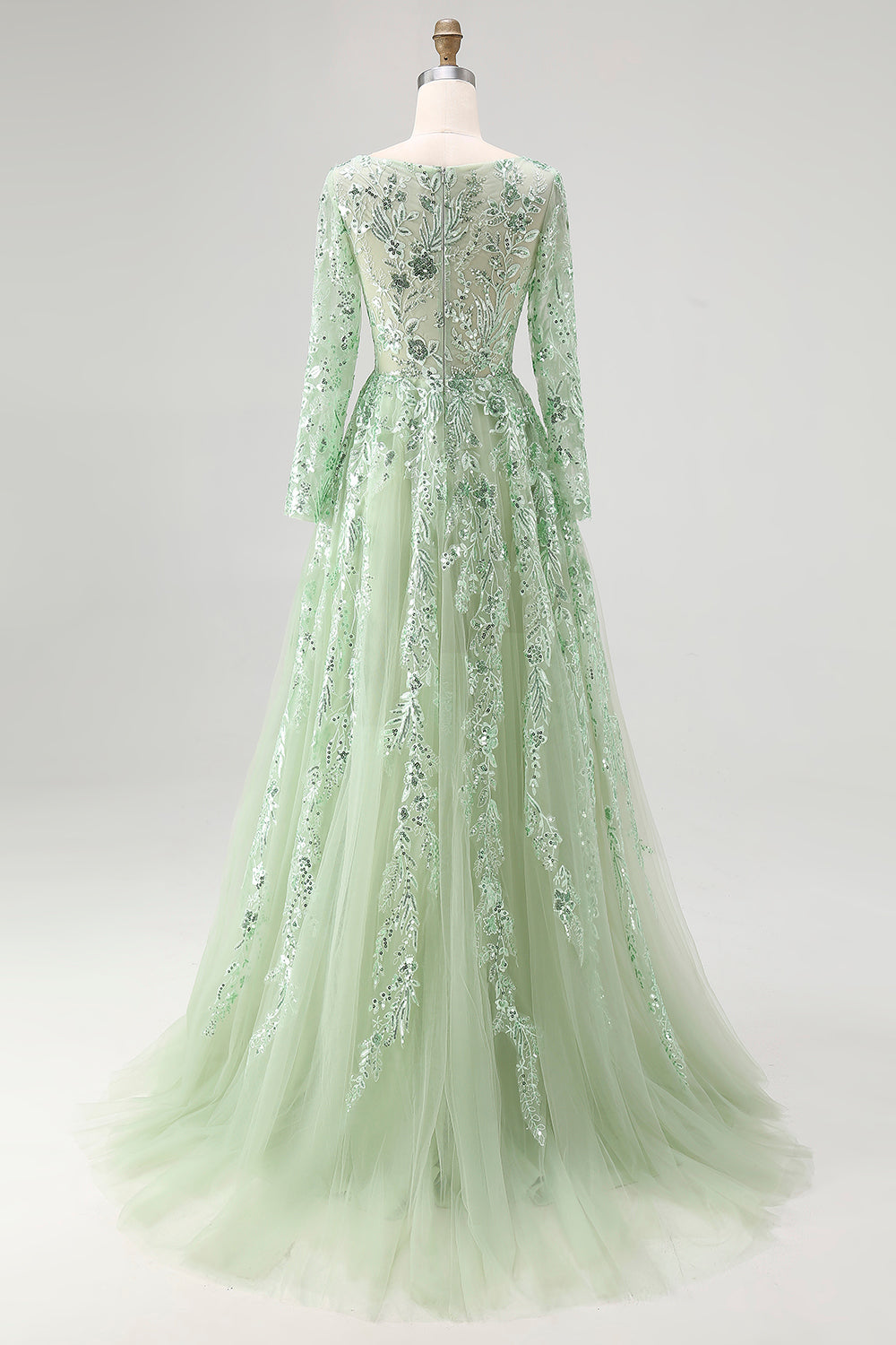 Dusty Sage Applique Tulle A Line V Neck Long Prom Dress with Sleeves