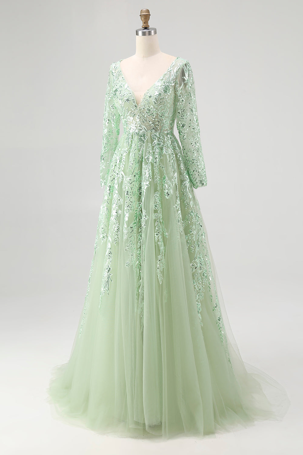 Dusty Sage Applique Tulle A Line V Neck Long Prom Dress with Sleeves
