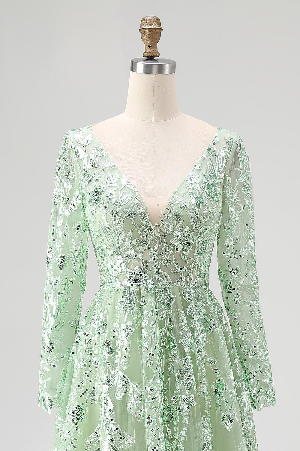 Dusty Sage Applique Tulle A Line V Neck Long Prom Dress with Sleeves