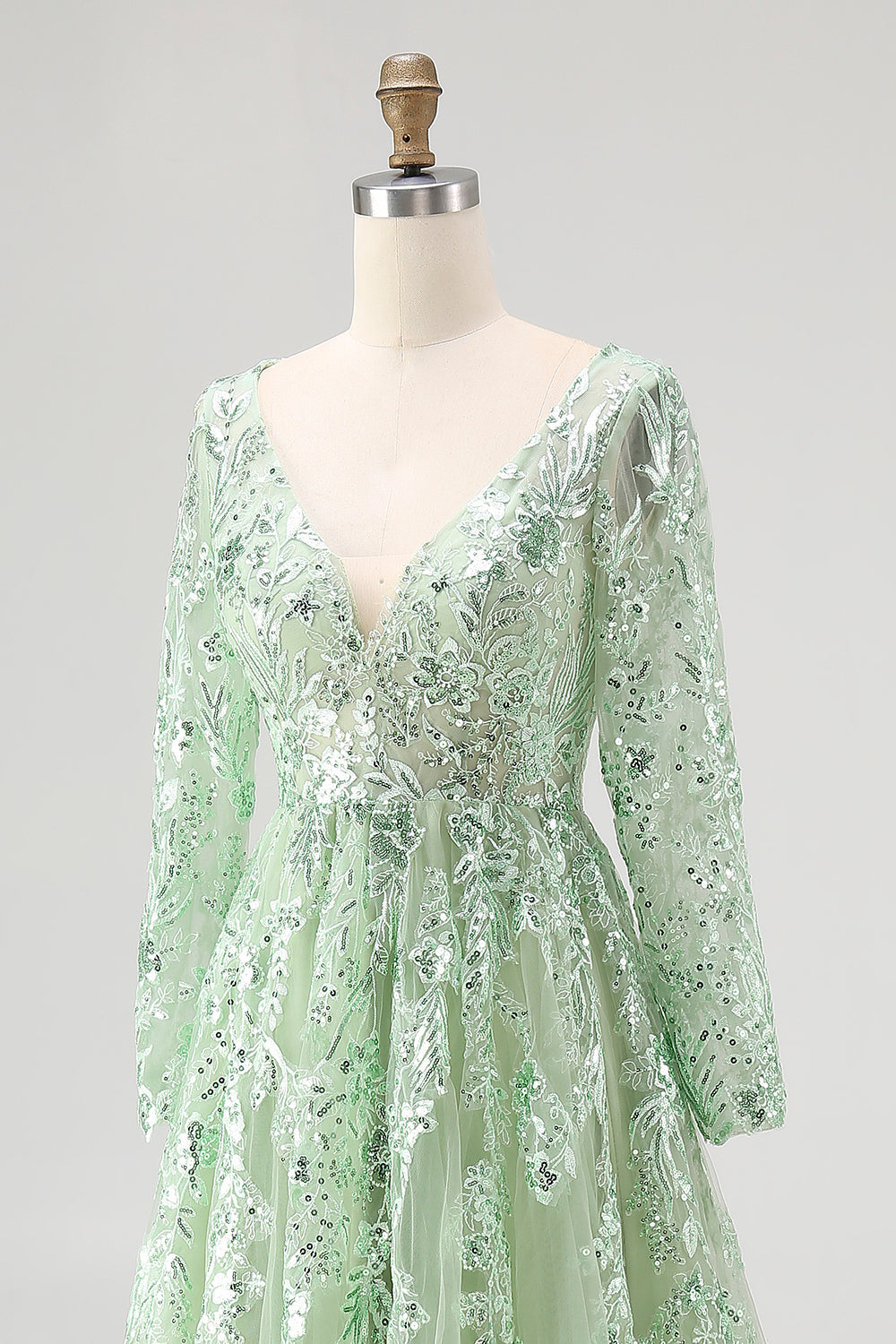 Dusty Sage Applique Tulle A Line V Neck Long Prom Dress with Sleeves