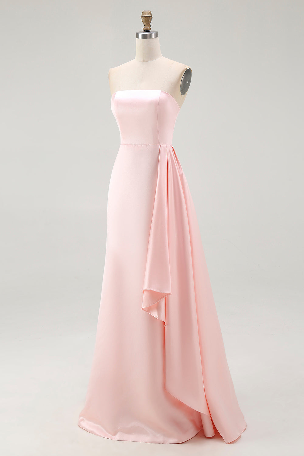 Pink Satin Strapless Mermaid Long Formal Dress with Side Cape
