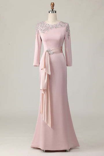 Blush Sheath Long Lace Mother Of The Bride Dress with Sleeves
