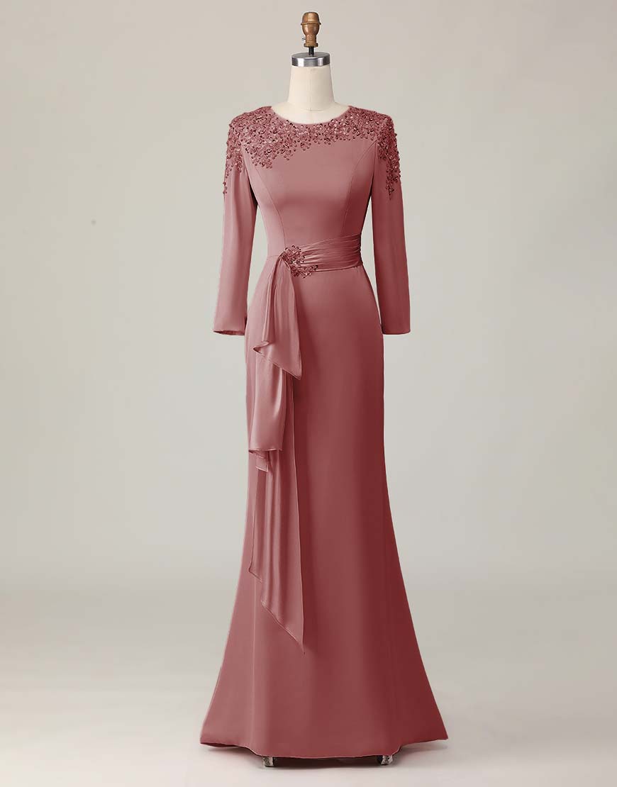 Blush Sheath Long Lace Mother Of The Bride Dress with Sleeves