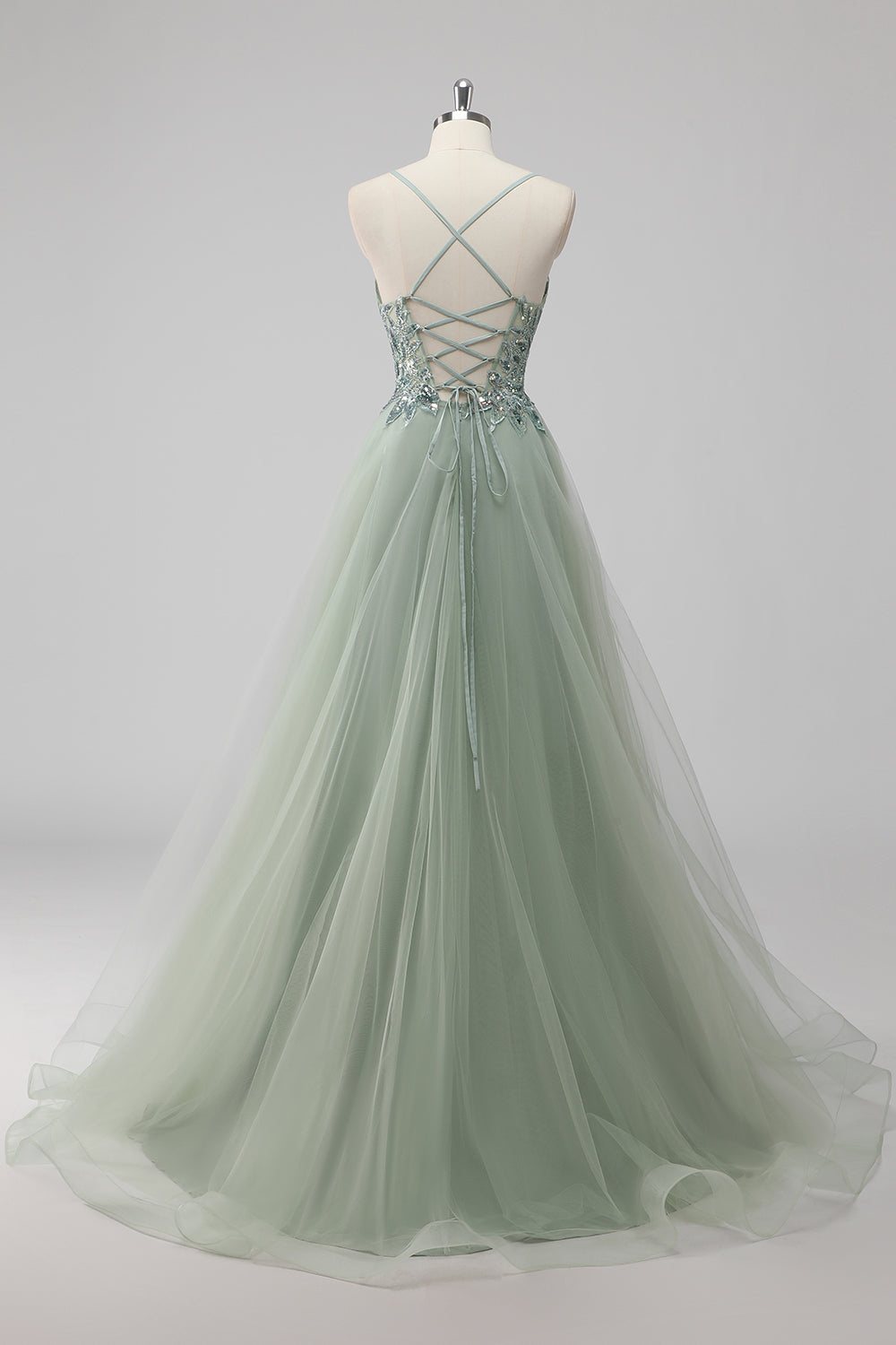 Green Sequin A Line Tulle Long Prom Dress with Lace up Back
