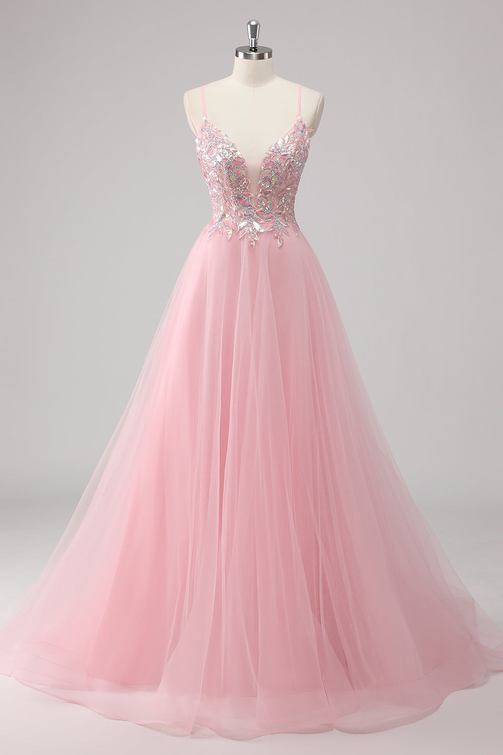 Green Sequin A Line Tulle Long Prom Dress with Lace up Back
