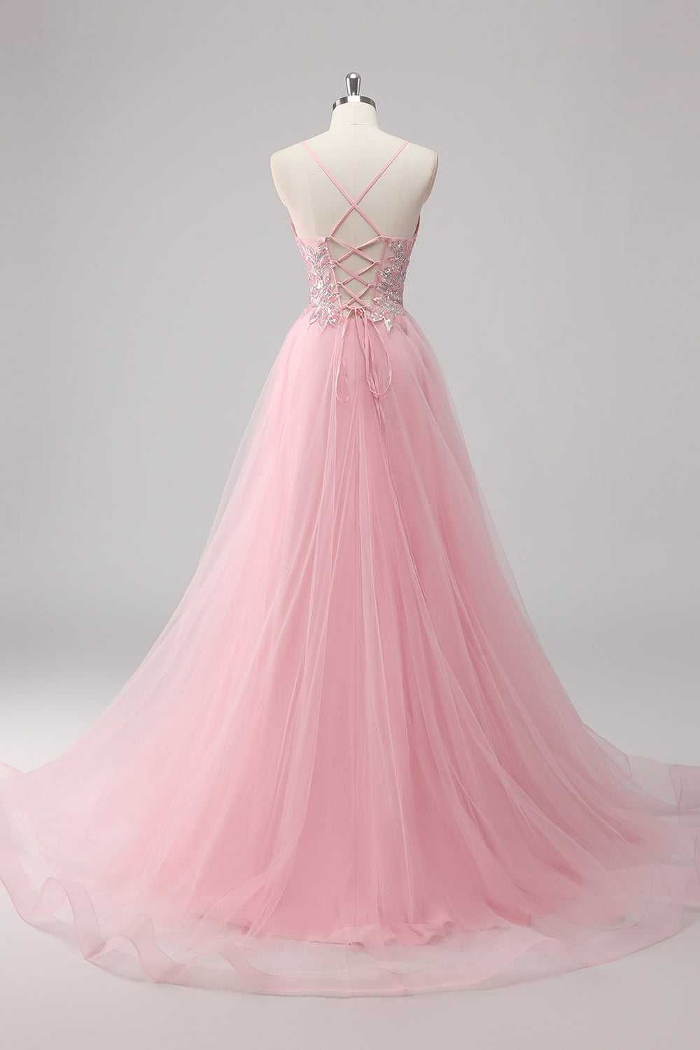 Green Sequin A Line Tulle Long Prom Dress with Lace up Back