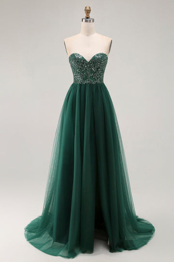 Sparkly Dark Green Sweetheart Long Prom Dress with Sequins