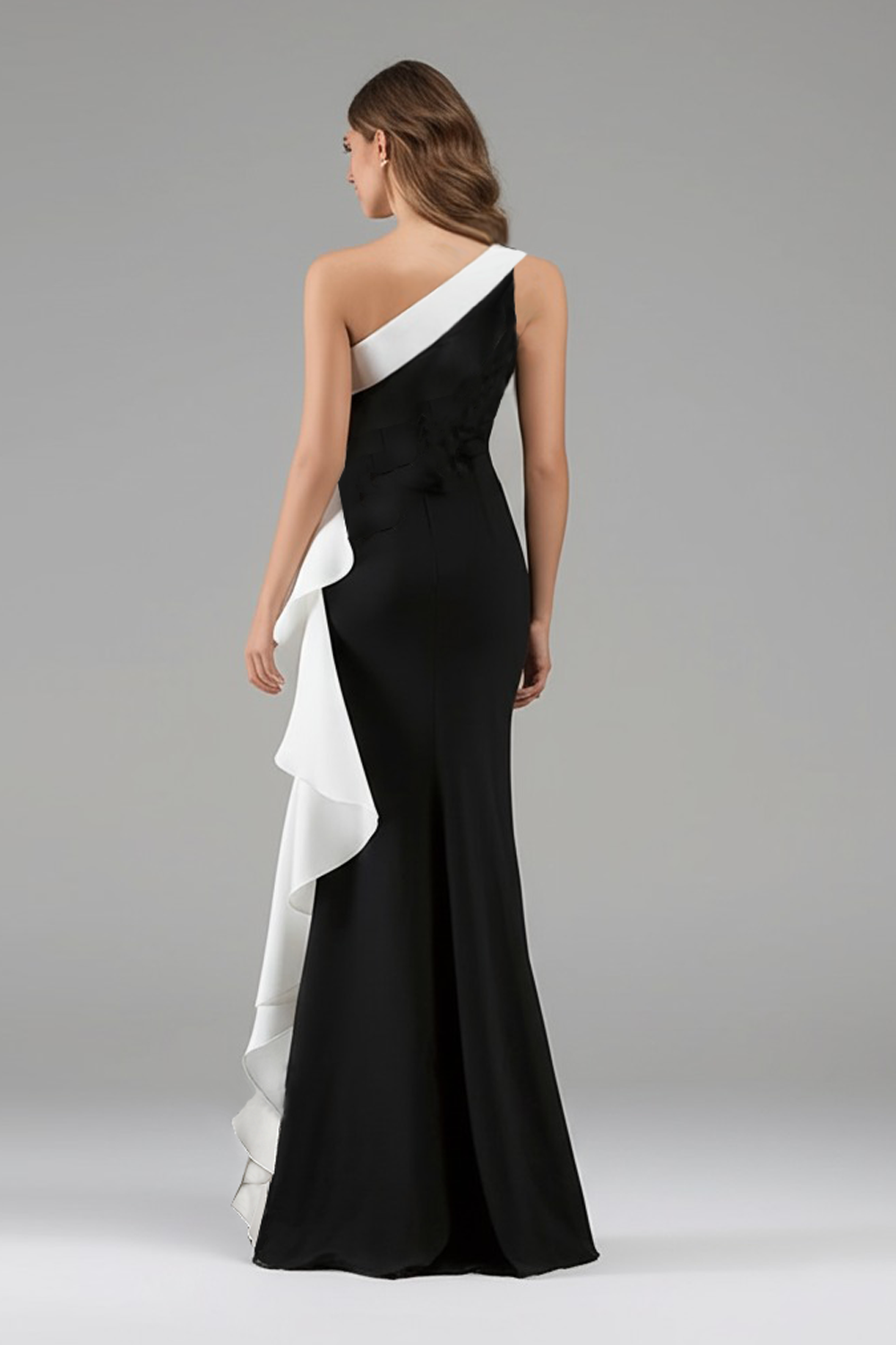 Black White Satin Mermaid Long Black Tie Dress with 3D Flowers