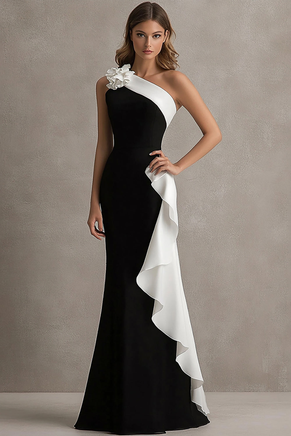 Black White Satin Mermaid Long Black Tie Dress with 3D Flowers