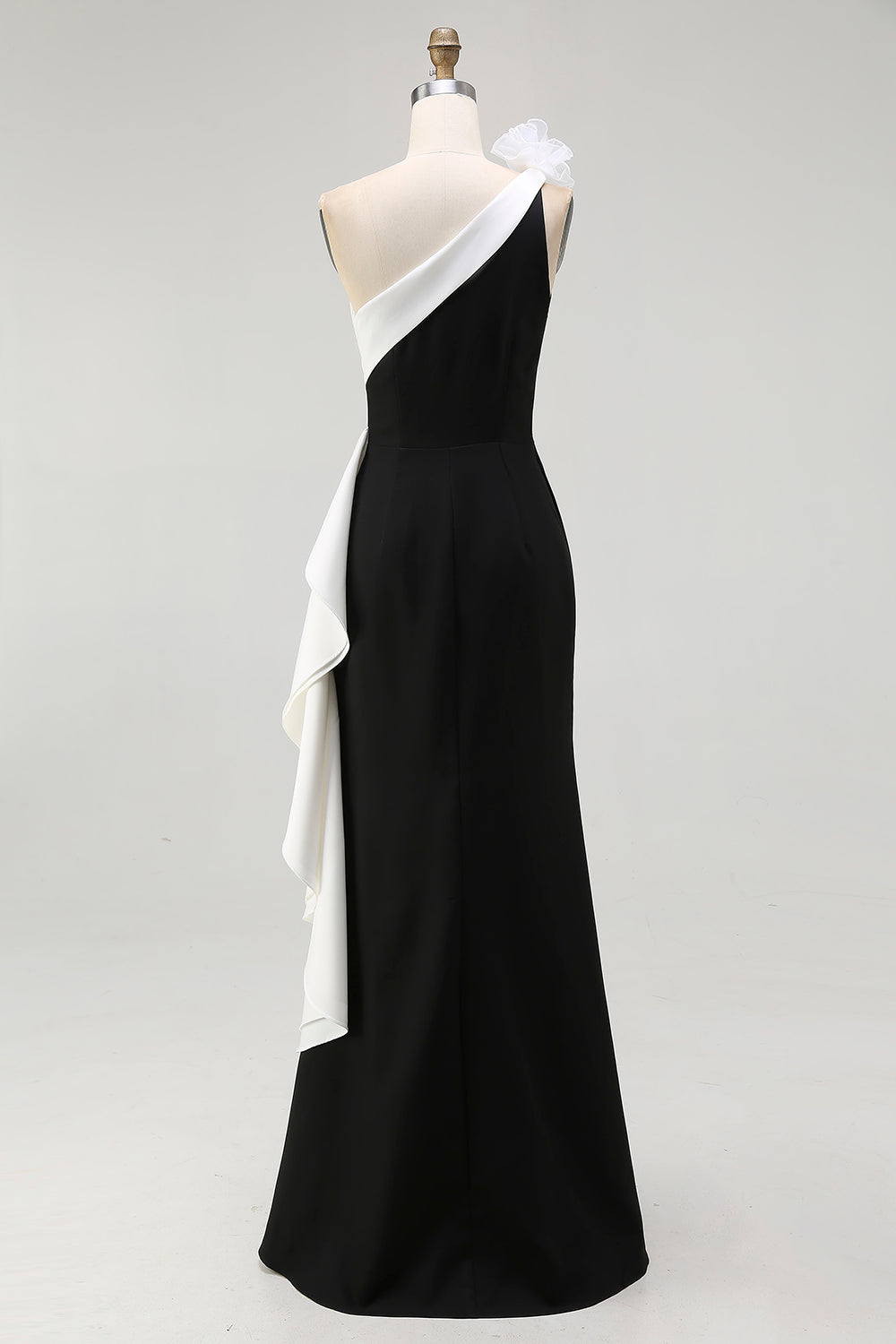 Black White Satin Mermaid Long Black Tie Dress with 3D Flowers