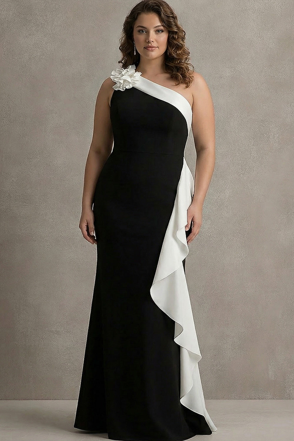 Black White Satin Mermaid Long Black Tie Dress with 3D Flowers