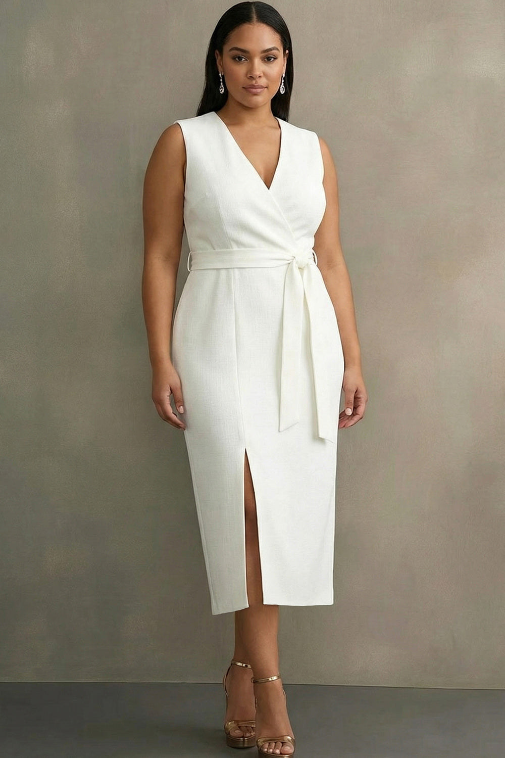 White V-Neck Sleeveless Satin Midi Formal Dress with Slit