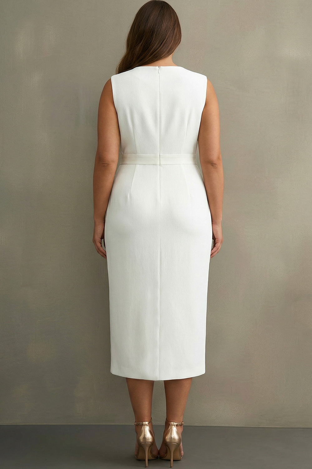 White V-Neck Sleeveless Satin Midi Formal Dress with Slit