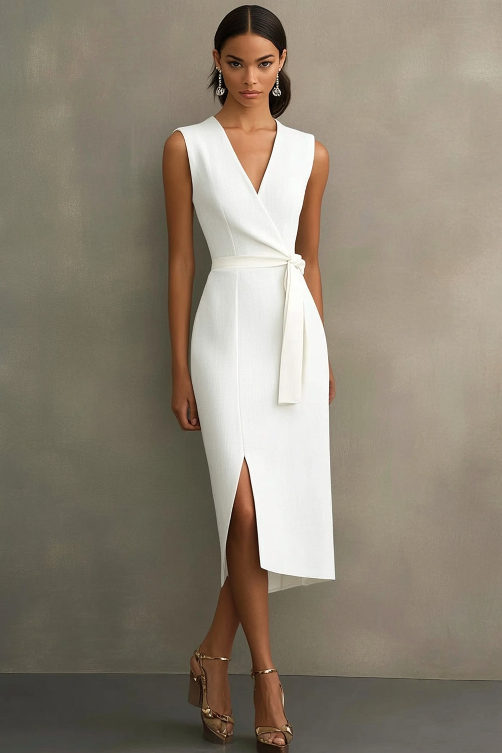White V-Neck Sleeveless Satin Midi Formal Dress with Slit