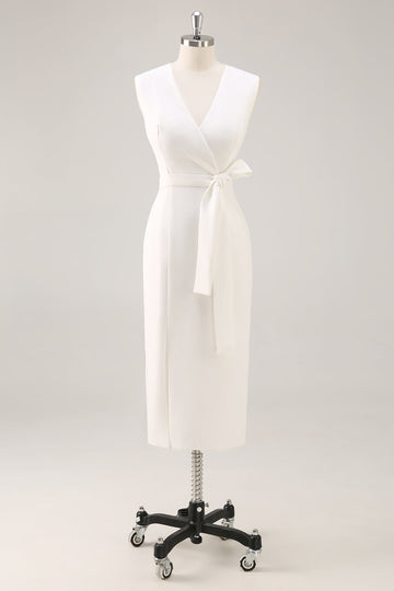 White V-Neck Sleeveless Satin Midi Formal Dress with Slit