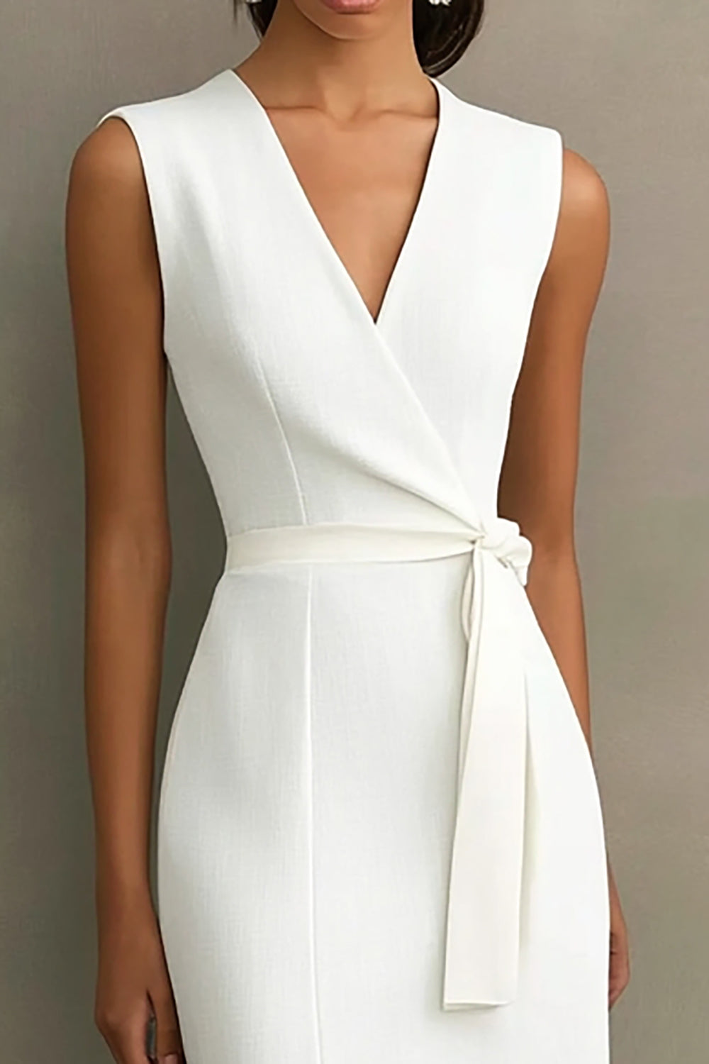 White V-Neck Sleeveless Satin Midi Formal Dress with Slit