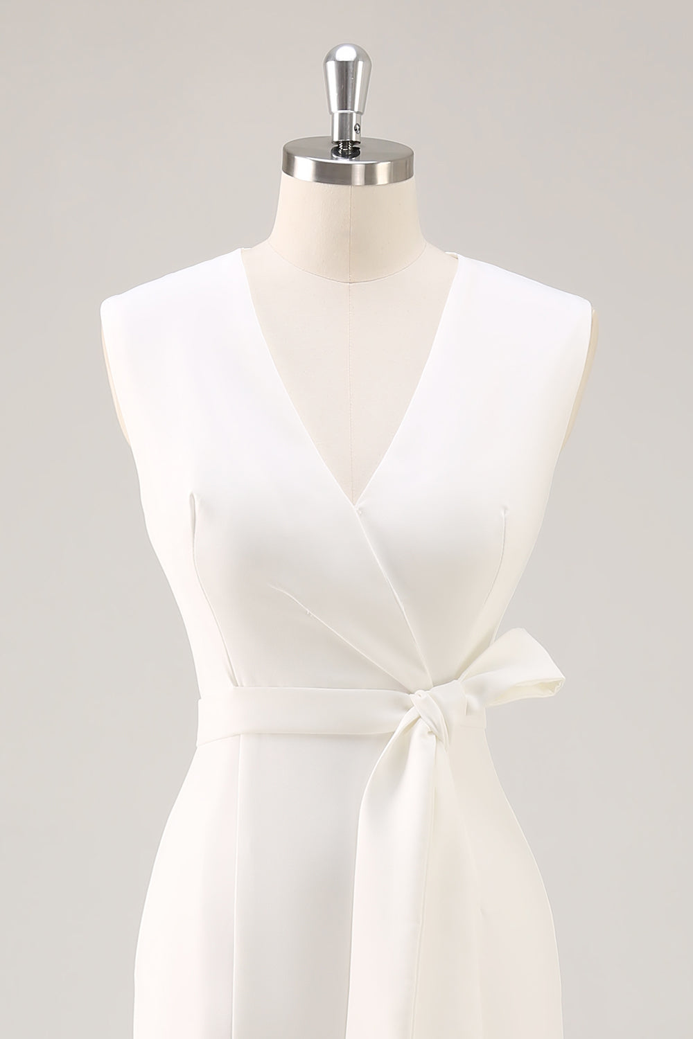 White V-Neck Sleeveless Satin Midi Formal Dress with Slit