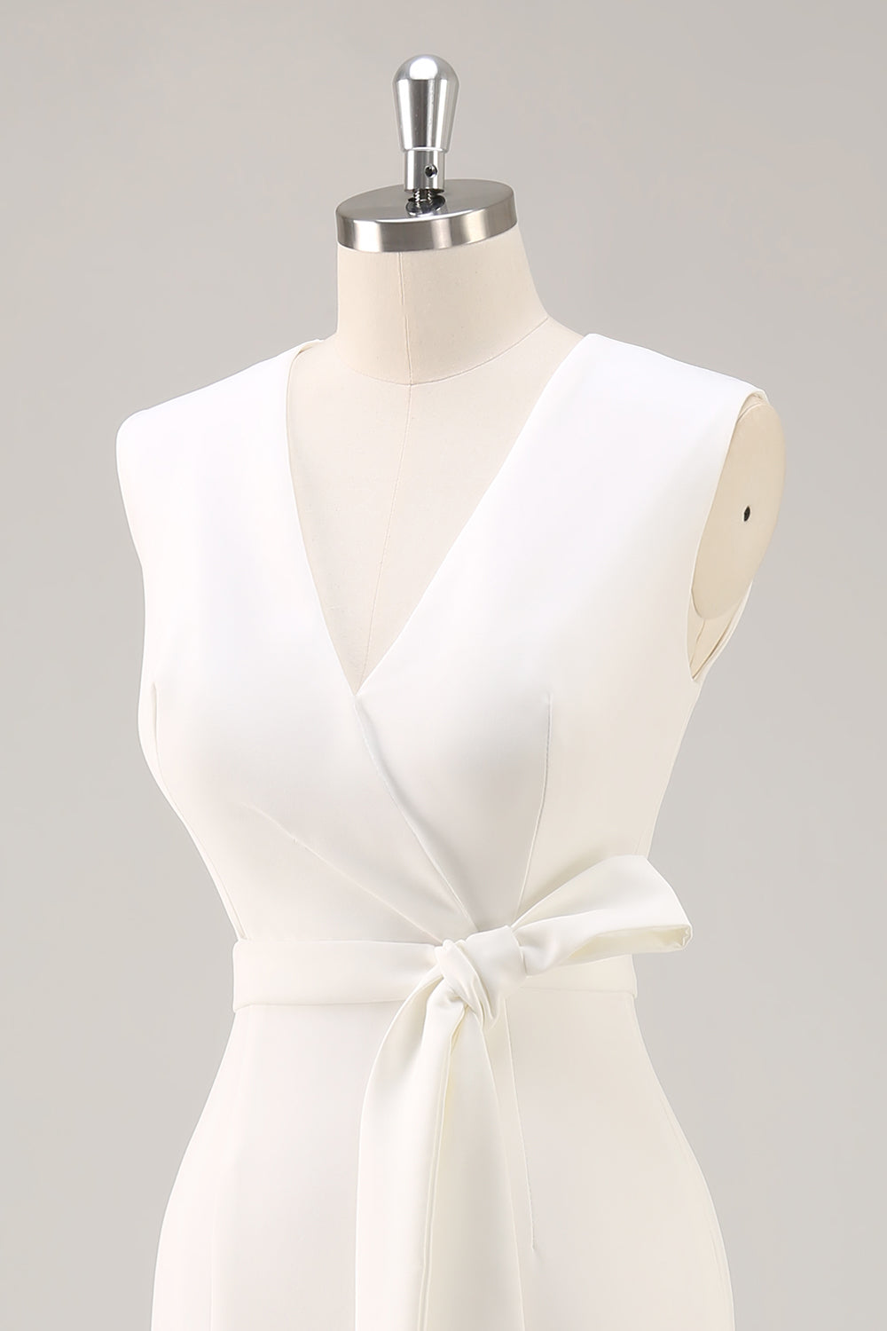 White V-Neck Sleeveless Satin Midi Formal Dress with Slit