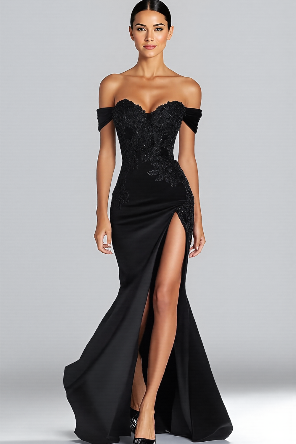 Mermaid Off the Shoulder Long Satin Black Tie Gala Dress with Slit