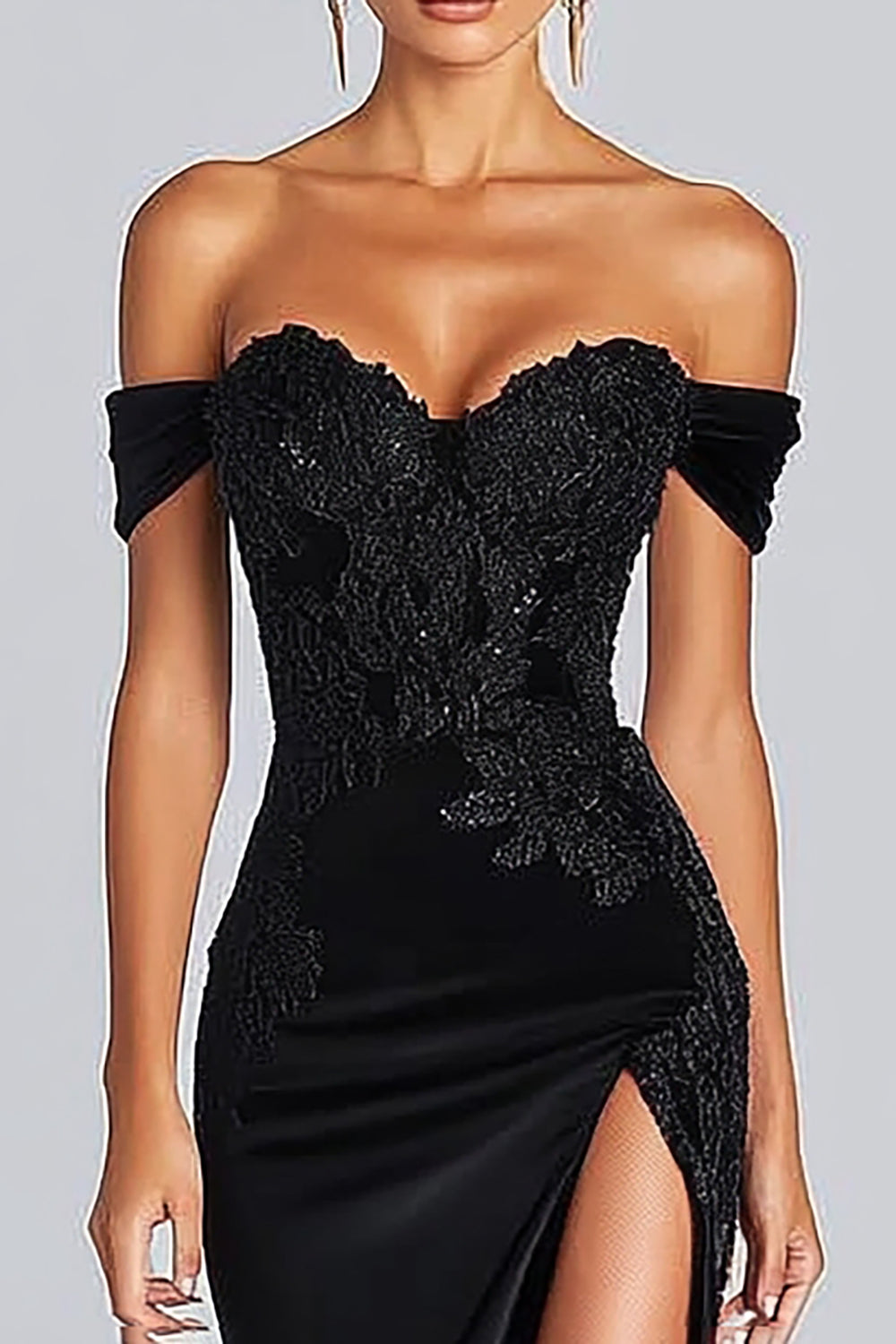 Mermaid Off the Shoulder Long Satin Black Tie Gala Dress with Slit