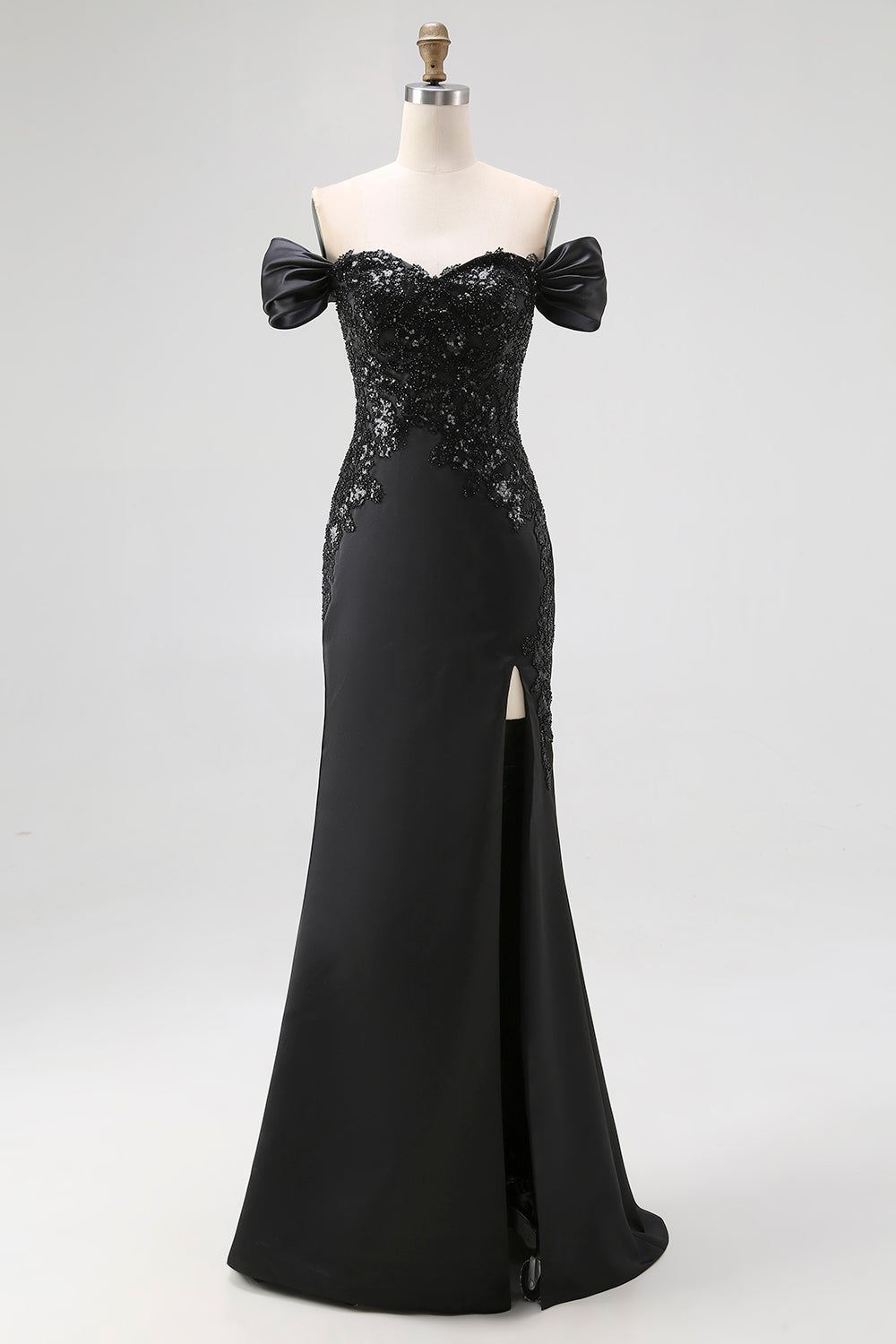 Mermaid Off the Shoulder Long Satin Black Tie Gala Dress with Slit