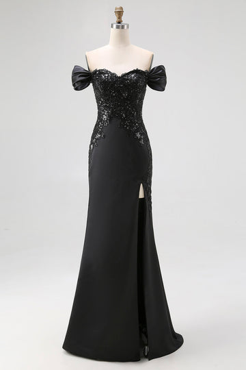 Mermaid Off the Shoulder Long Satin Black Tie Gala Dress with Slit