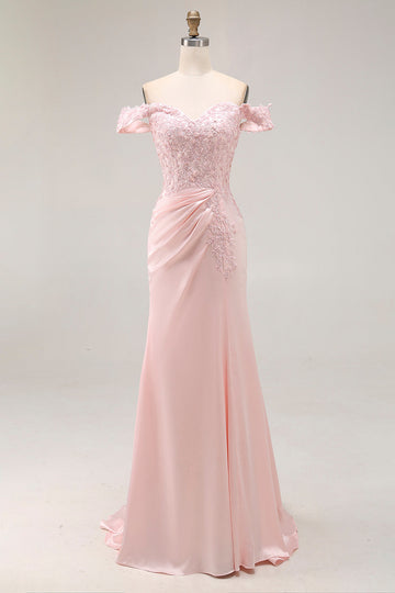 Pink Off the Shoulder Mermaid Long Prom Dress with Appliques