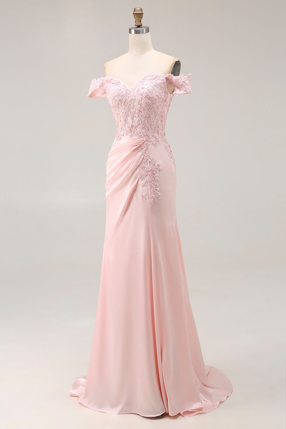 Pink Mermaid Off the Shoulder Satin Long Prom Dress with Lace
