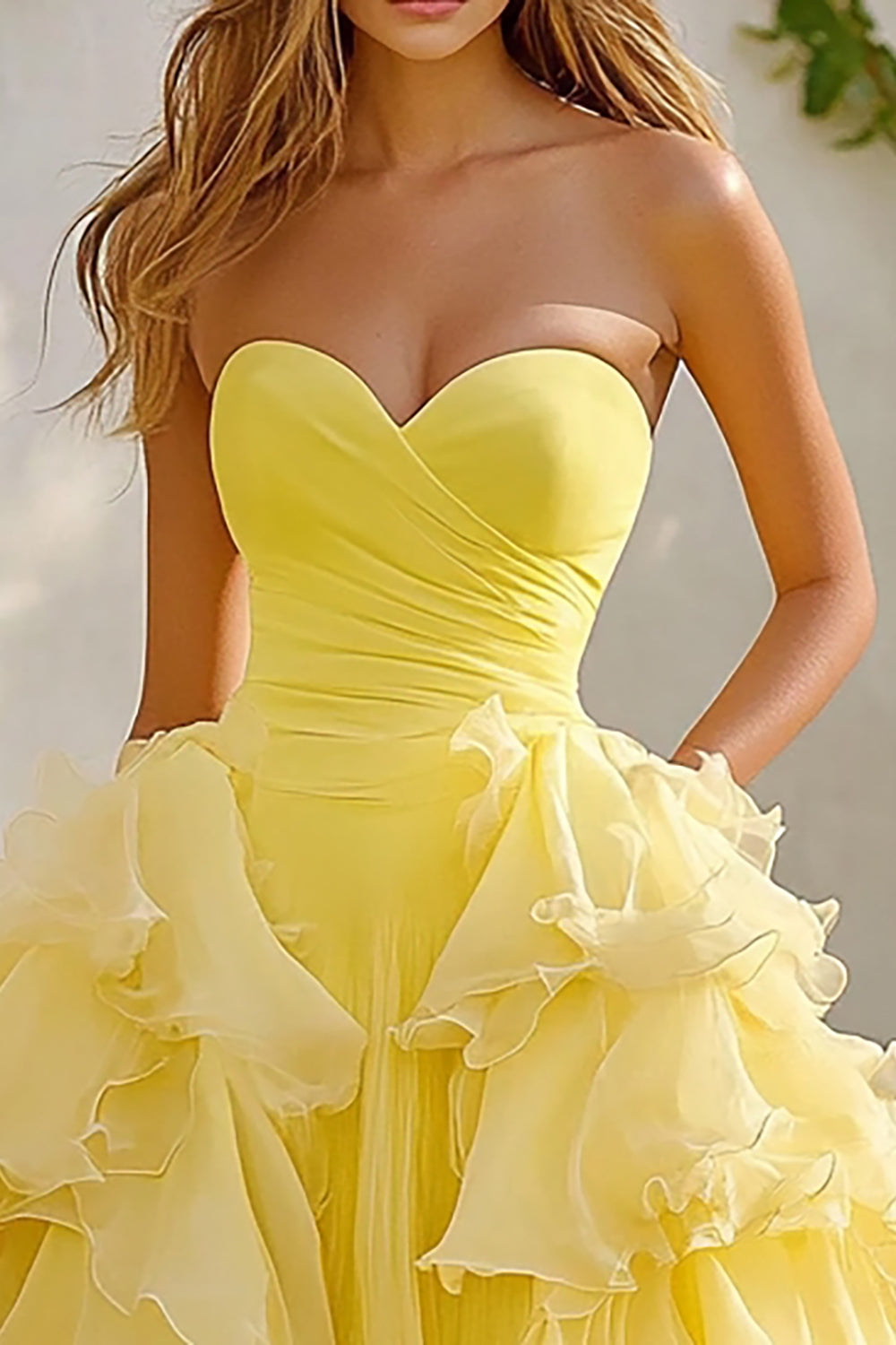 Daffodil Organza Strapless Long Ball Gown Prom Dress with Ruffles