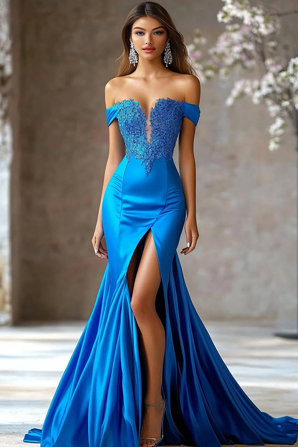 Royal Blue Satin Mermaid Off The Shoulder Long Prom Dress with Slit