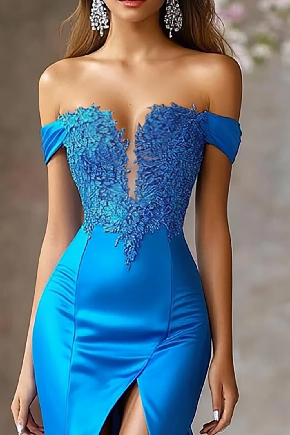 Royal Blue Satin Mermaid Off The Shoulder Long Prom Dress with Slit