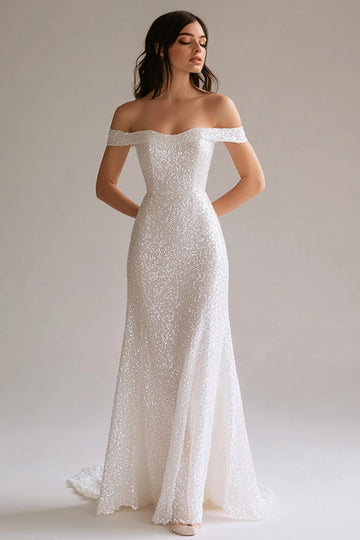 Sparkly White Sequin Sheath Off the Shoulder Long Off the Shoulder Prom Dress
