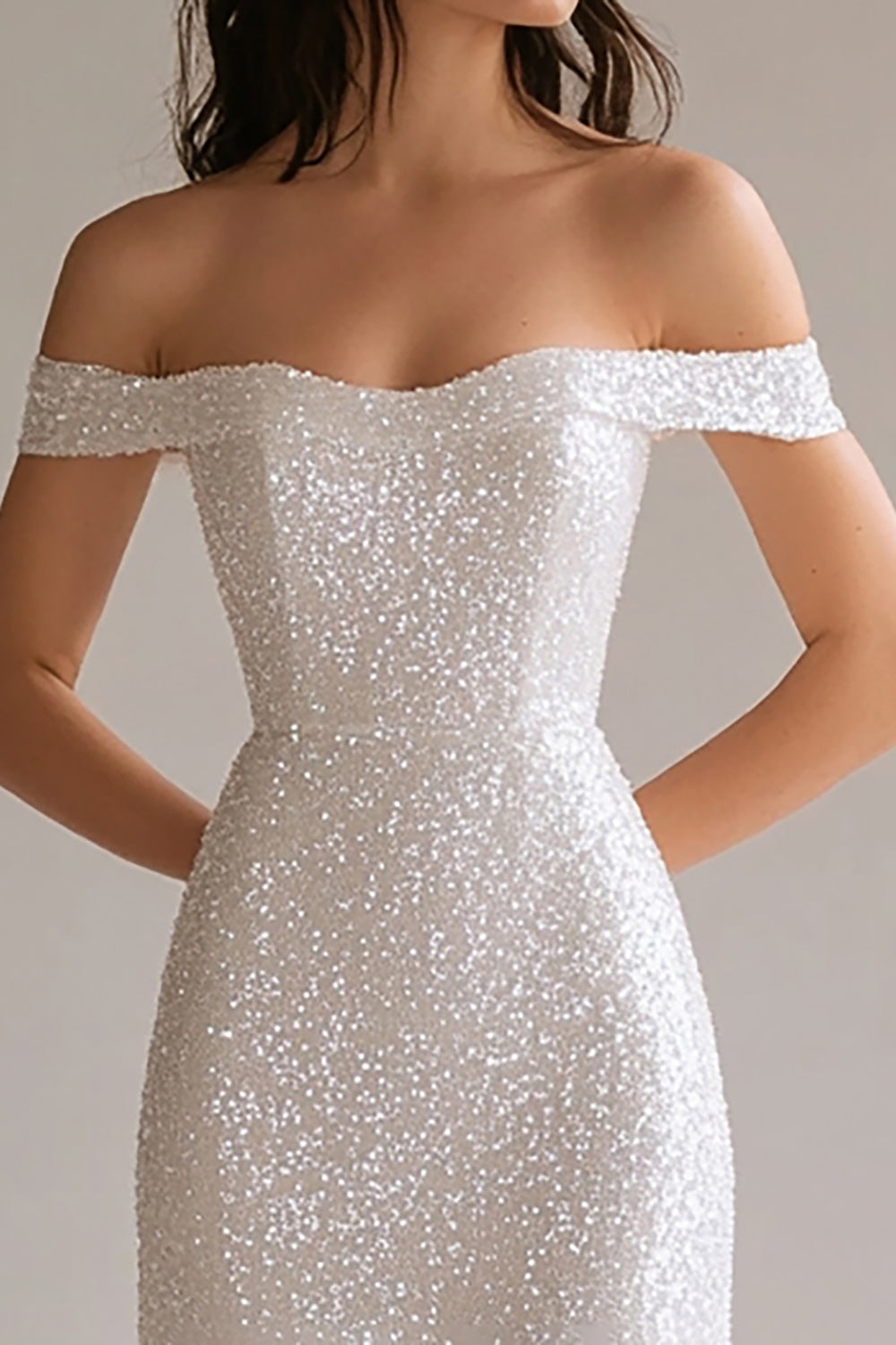 Sparkly White Sequin Sheath Off the Shoulder Long Off the Shoulder Prom Dress