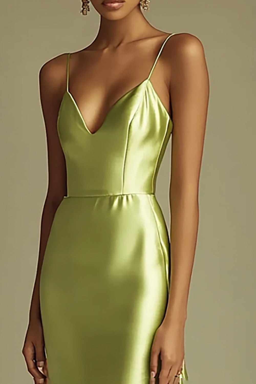 Lemon Green Satin V-Neck Sheath Spaghetti Straps Long Prom Dress