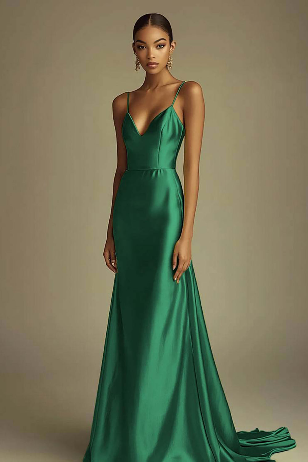Dark Navy Satin Sheath Spaghetti Straps V-Neck Long Prom Dress