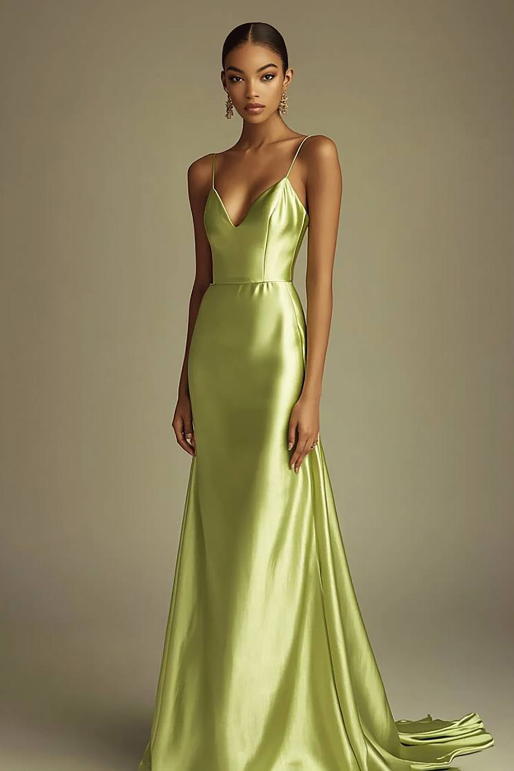 Dark Navy Satin Sheath Spaghetti Straps V-Neck Long Prom Dress