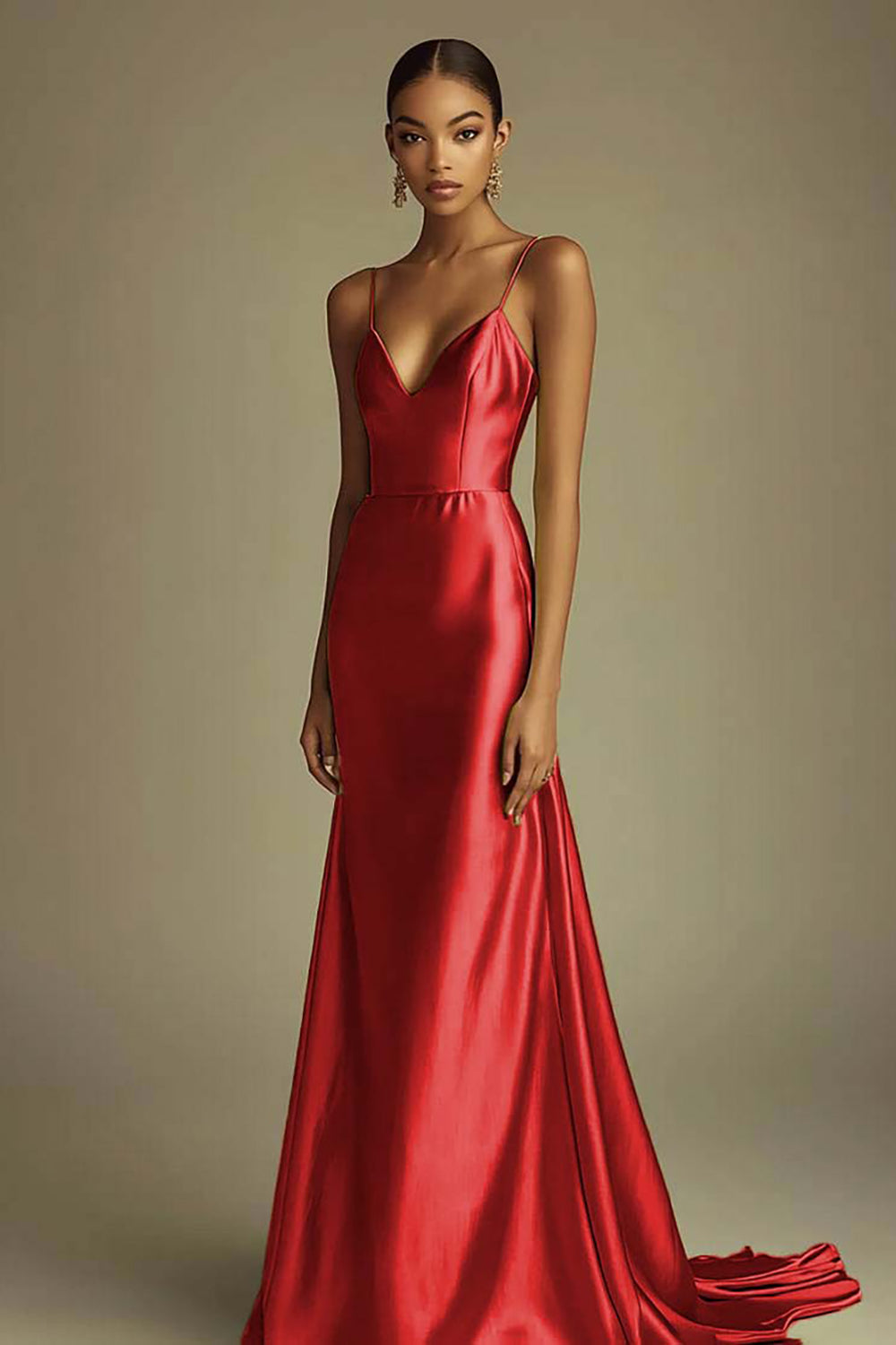 Dark Navy Satin Sheath Spaghetti Straps V-Neck Long Prom Dress