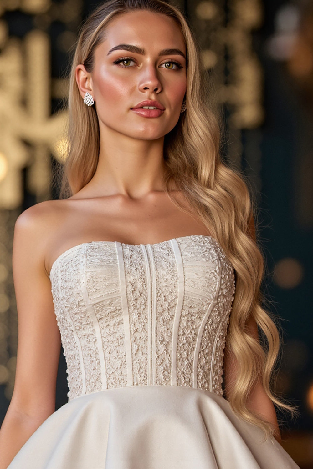 Ivory Satin A Line Strapless Short Corset Homecoming Dress with Appliques