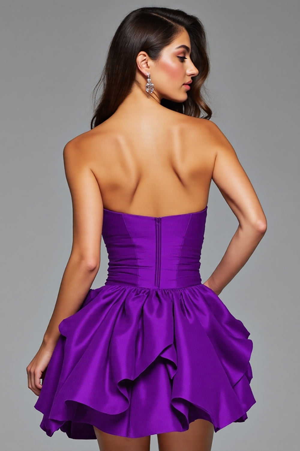 Dark Purple Floral Satin Ruffled Short Homecoming Dress
