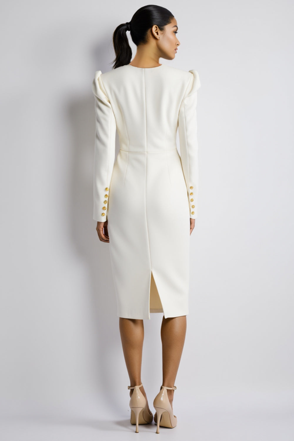 White Bodycon Satin Long Sleeves Midi Work Dress with Slit