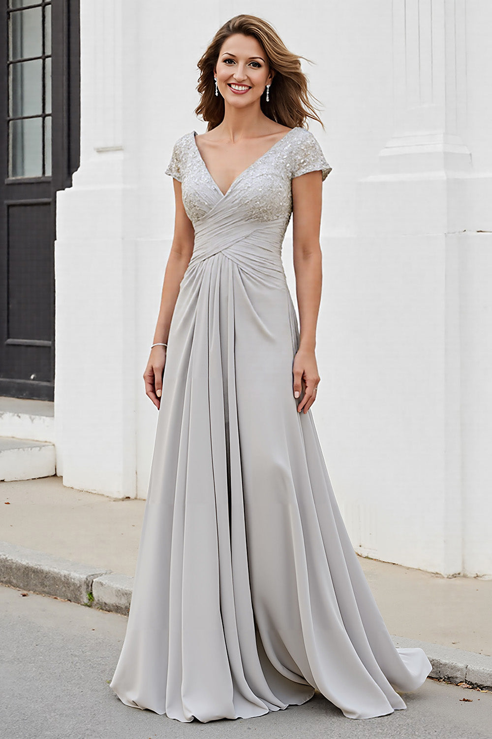 Silver Chiffon A Line Long V-Neck Mother of the Bride Dress with Appliques