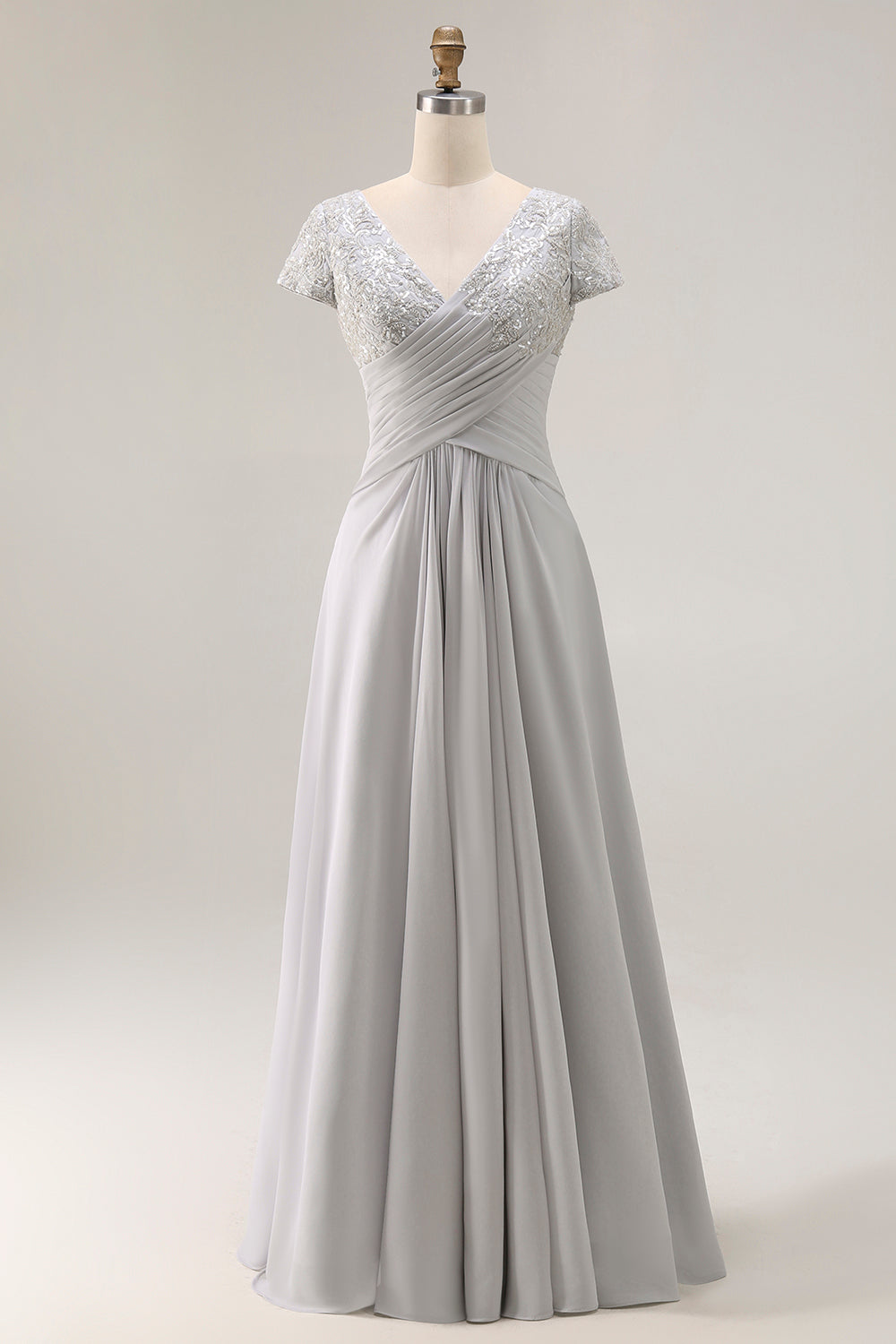 Silver Chiffon A Line Long V-Neck Mother of the Bride Dress with Appliques